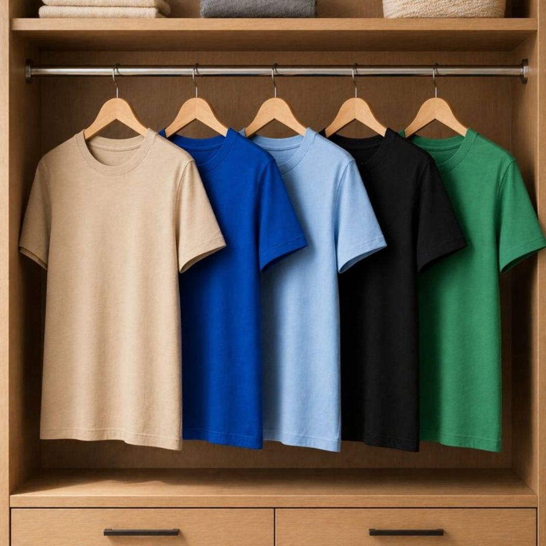 Men Solid Cotton T-Shirt - Pack of 5 (Assorted Colors)